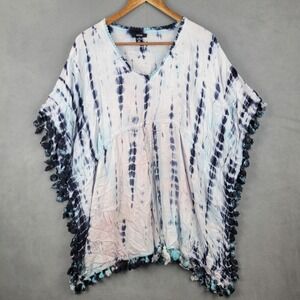 Raviya Kaftan Top Women Medium White Blue Tie Dye Tassel Fringe Trim Resort Wear